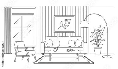 A living room interior with a couch, chair, coffee table, plant, and lamp