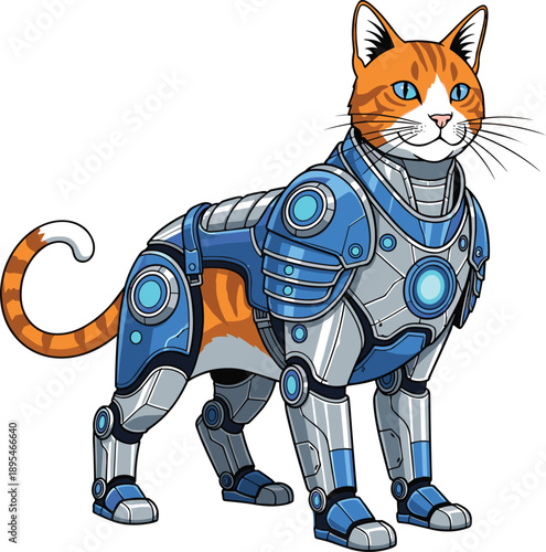 Futuristic robotic cat character with cyber armor and glowing technology details in sci fi style vector illustration for digital art