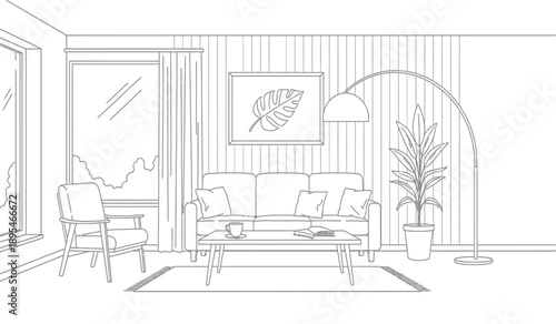 A line drawing illustration of a living room with a couch, chair, coffee table, plant, and lamp