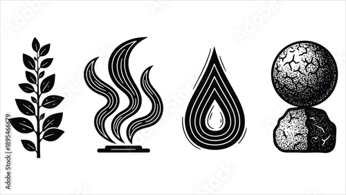 Four Elements of Nature Black Vector Icons Set (Earth, Water, Air, Fire).