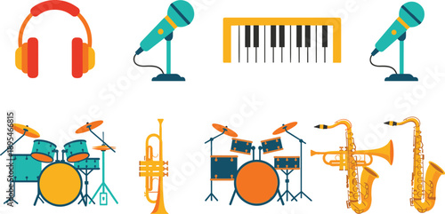 Music instrument icon set with headphones, microphones, keyboard, drums, trumpet and saxophone in flat style vector illustration design