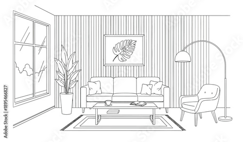 A living room interior with a couch, chair, coffee table, and lamp