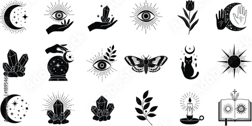 Mystical occult symbol icon set with moon, eye, crystal, hand, butterfly and magic elements vector illustration in black style