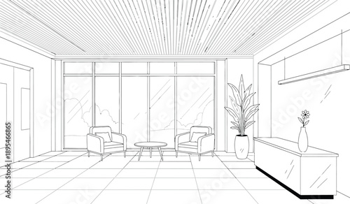 A black and white line drawing of a modern living room with furniture and a plant on a console table in front of a large window
