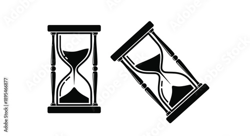 Two hourglasses one upright and one tilted in black silhouette