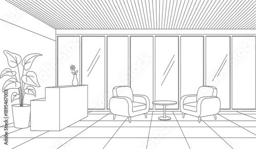 A black and white line drawing of a modern living room with two chairs and a coffee table in front of a wall of windows and a plant