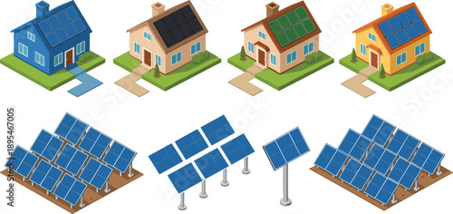Solar panel house set with isometric buildings and photovoltaic systems for renewable energy, green technology and sustainable power vector illustration