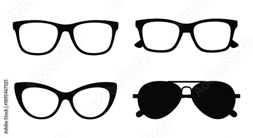 Four pairs of eyeglasses displayed in a simple black silhouette