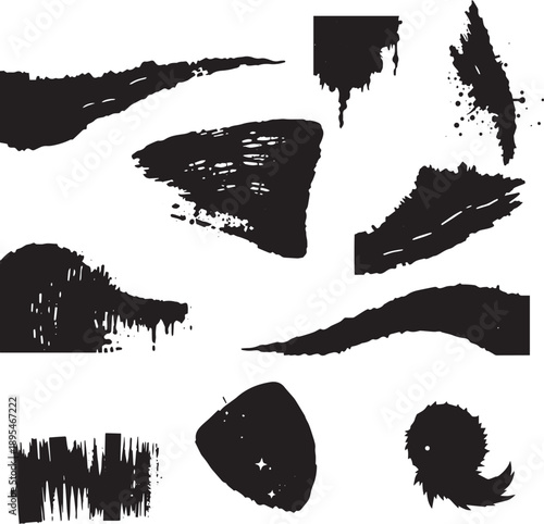 Brush set. Vector black paint brush spots, highlighter lines or felt-tip pen marker. Ink smudge abstract shape stains and smear set with texture