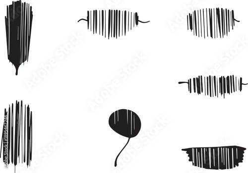 Brush set. Vector black paint brush spots, highlighter lines or felt-tip pen marker. Ink smudge abstract shape stains and smear set with texture