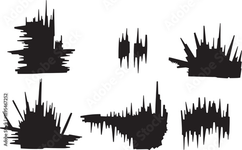 Brush set. Vector black paint brush spots, highlighter lines or felt-tip pen marker. Ink smudge abstract shape stains and smear set with texture