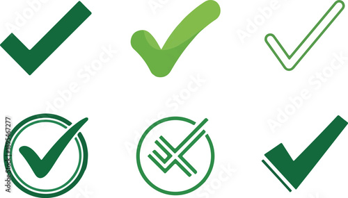 A collection of six distinct green checkmark icons, each with a unique style, representing approval, completion, and correctness.