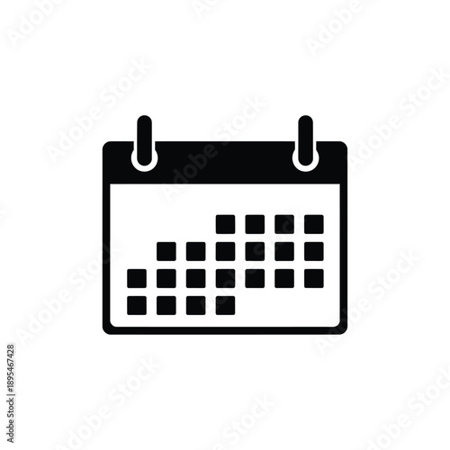 A black and white icon of a calendar page with dates marked on it, simple design