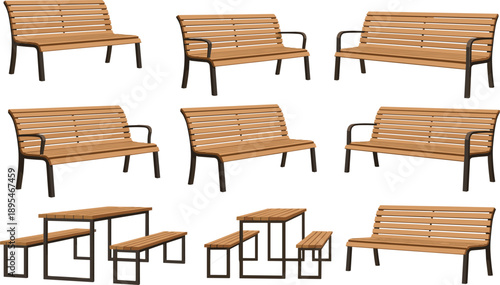 Wooden park bench set with outdoor seating furniture and picnic table designs in flat vector illustration for landscape and urban design