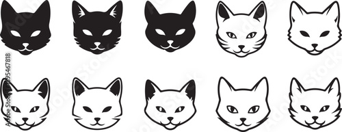 A collection of ten stylized cat faces, featuring five black and five white feline heads with varying eye expressions, presented in a clean, graphic style.