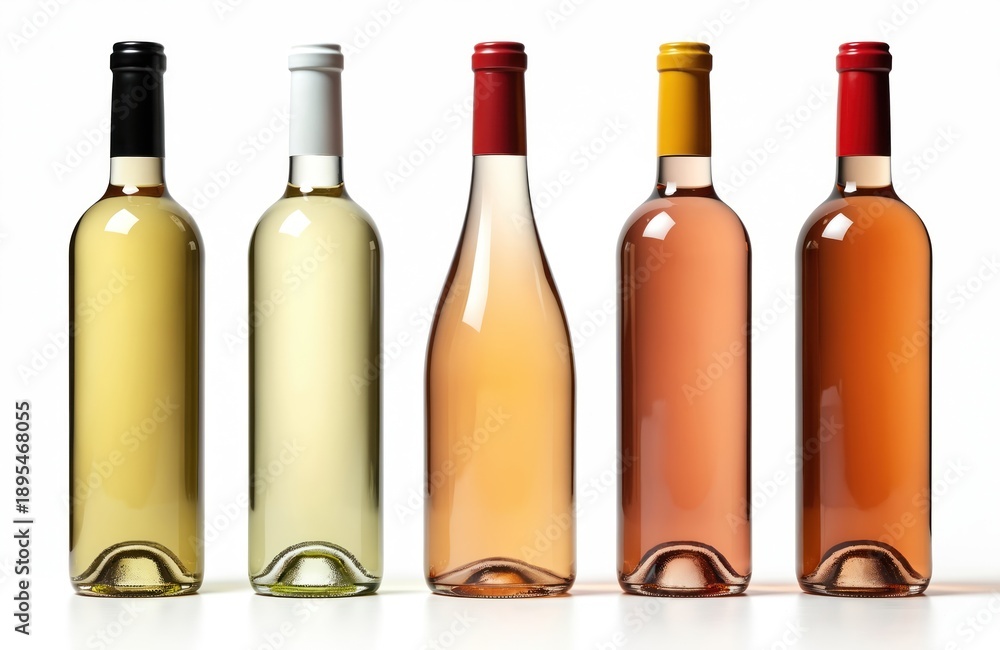 Fototapeta premium Five wine bottles stand in a row. Bottles contain white rose and red wine. Various cap colors like black white red and yellow. Clean product shots against white background.
