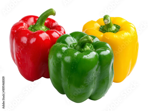 Three colorful bell peppers, red, green and yellow, are artfully arranged for a food photograph Isolated Transparent Background, PNG