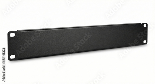 1U black metal server rack blanking panel, perspective view isolated on a pure white background.