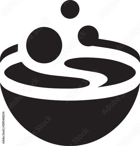 Vector illustration of a bowl with swirling soup and floating ingredients from a top-down viewpoint.