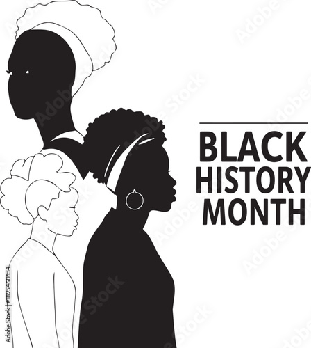 Diverse black women silhouettes celebrating black history month with african hairstyles and headwraps symbolizing heritage