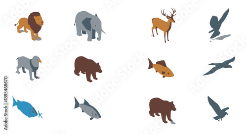 Collection of various animal icons in different styles and colors.