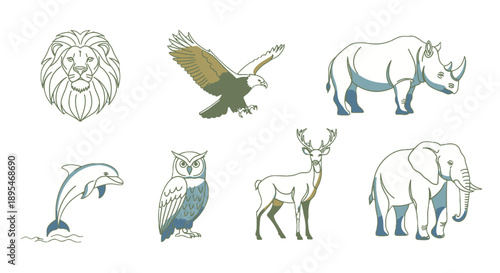Collection of various endangered wild animals illustrations.