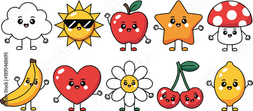 Kawaii Happy Friends  Cute Smiling Fruits & Nature Characters Vector Set