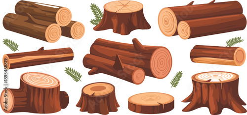Cartoon Wood Logs Vector Set  Tree Trunks and Cut Timber Forest Elements