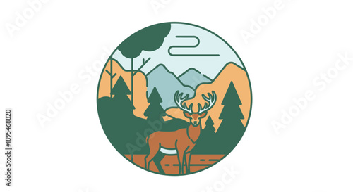 Stylized deer in a mountainous landscape emblem.
