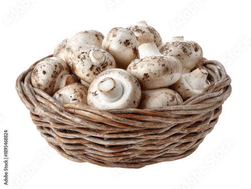 A basket of fresh mushrooms ready for culinary use. These are likely of the button variety, displayed in a woven basket Isolated Transparent Background, PNG