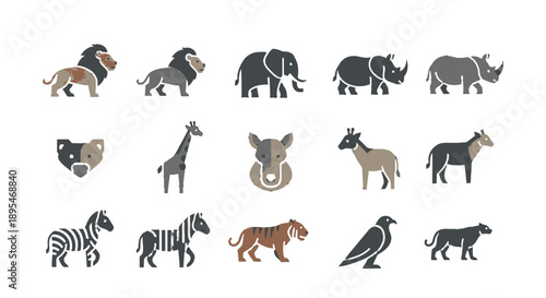 Collection of various African savannah animals in simple graphic style.