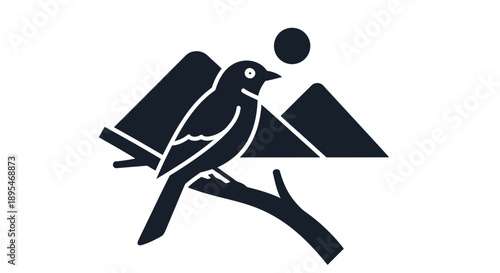 Simple black and white illustration of a bird perched on a branch with mountains.
