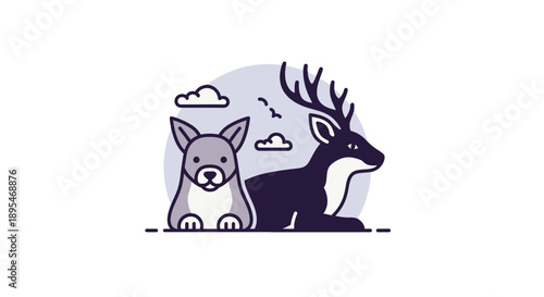 Vector illustration of a dog and deer together in a serene landscape.