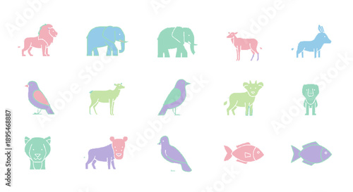 Collection of colorful animal silhouettes in pastel hues.