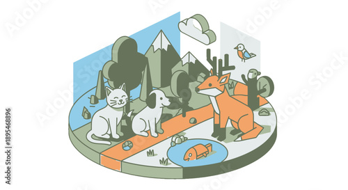 Illustration of animals in a natural landscape with mountains and trees.