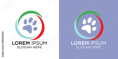 Eye-catching pet logo designs featuring a paw print symbol and customizable text, perfect for pet businesses, veterinary clinics, and animal shelters looking for a modern brand identity
