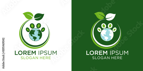 eco friendly business logos with a paw, globe and leaves, symbolizing sustainability and a commitment to the environment or world wildlifeday celebrations