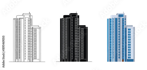 Skyscrapers  Vector Set in Line Art, Silhouette and Color Style for Modern City Architecture and Real Estate Design