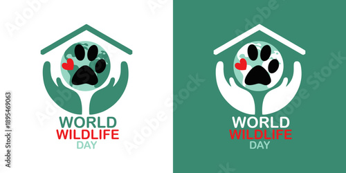 World Wildlife Day logo featuring animal paw in home with caring hands and red heart symbolizing protection and love for wildlife conservation