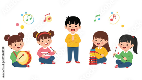 Kids Music Class Playing Instruments Childhood Education Vector..