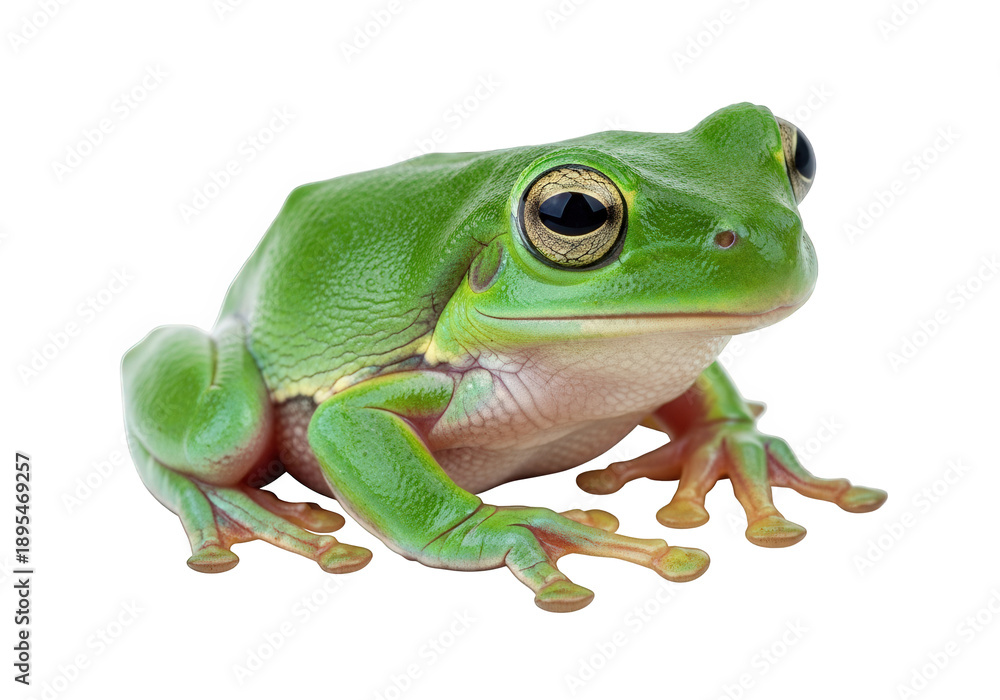 Obraz premium A vibrant green frog perched on a surface, showcasing its natural habitat and detailed features, captured from a frontal viewpoint.