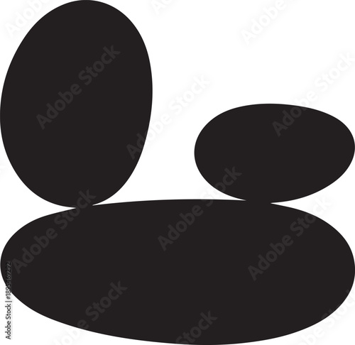 Abstract black silhouettes of three oval shapes in a harmonious composition on a clean background viewed from the front