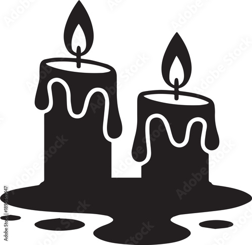 Two candles melting on a surface viewed from the front