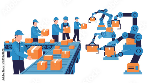 mart Factory Production Line with Engineers and Robots.