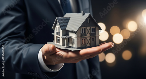 A businessman in a crisp suit gently holds a small, detailed model house in his open palm.
