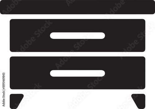 Simple black illustration of a two-drawer filing cabinet viewed from the front