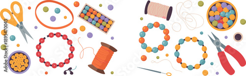 DIY Jewelry Making and Craft Supplies Vector Illustration with Beads, Thread, Scissors and Tools for Handmade Accessories and Creative Hobby Design