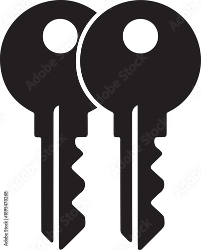 Two black keys with circular heads and jagged teeth aligned side by side viewed from the front