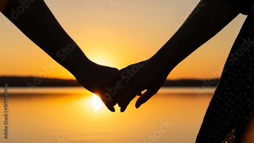 Couple Hands Interlace Silhouette Sunset Lake Valentine's Day