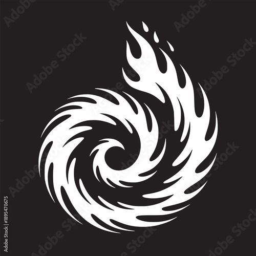 A white abstract spiral design with flame like extensions on a solid black background image art